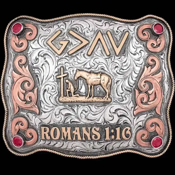 The Charleston Custom Belt Buckle celebrates faith, friends and family in authentic western style! Customize this belt buckle with your own logo, figure or ranch brand!